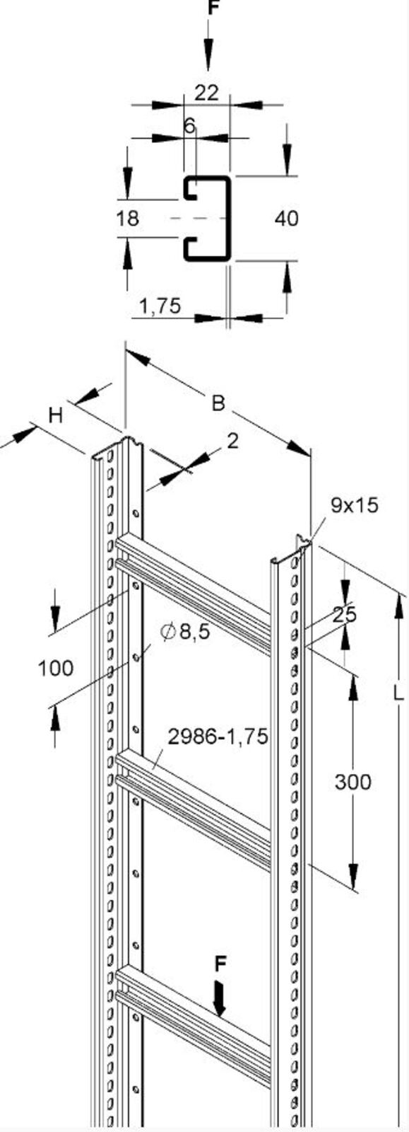 Cable ladder 60x600x3000mm rung spacing 300mm steel hot-d